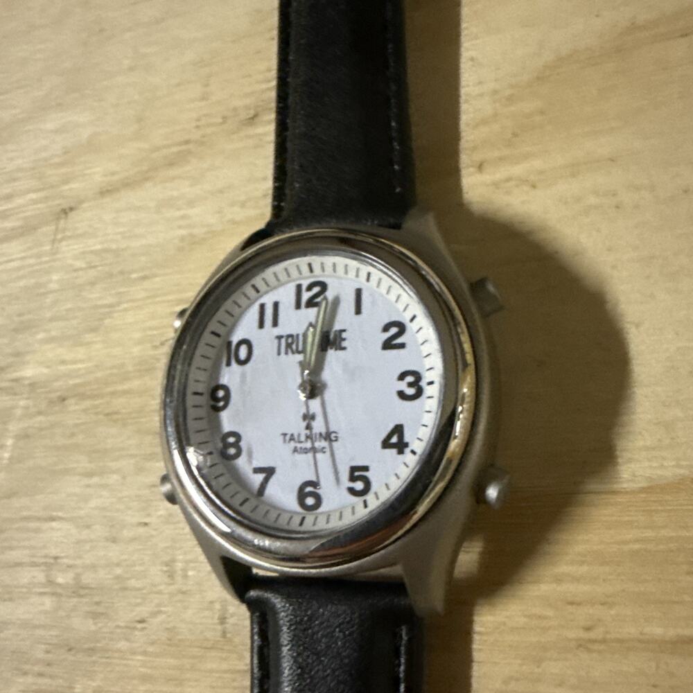 Tru Time Unisex Talking Atomic Watch Black Leather Band Needs Battery